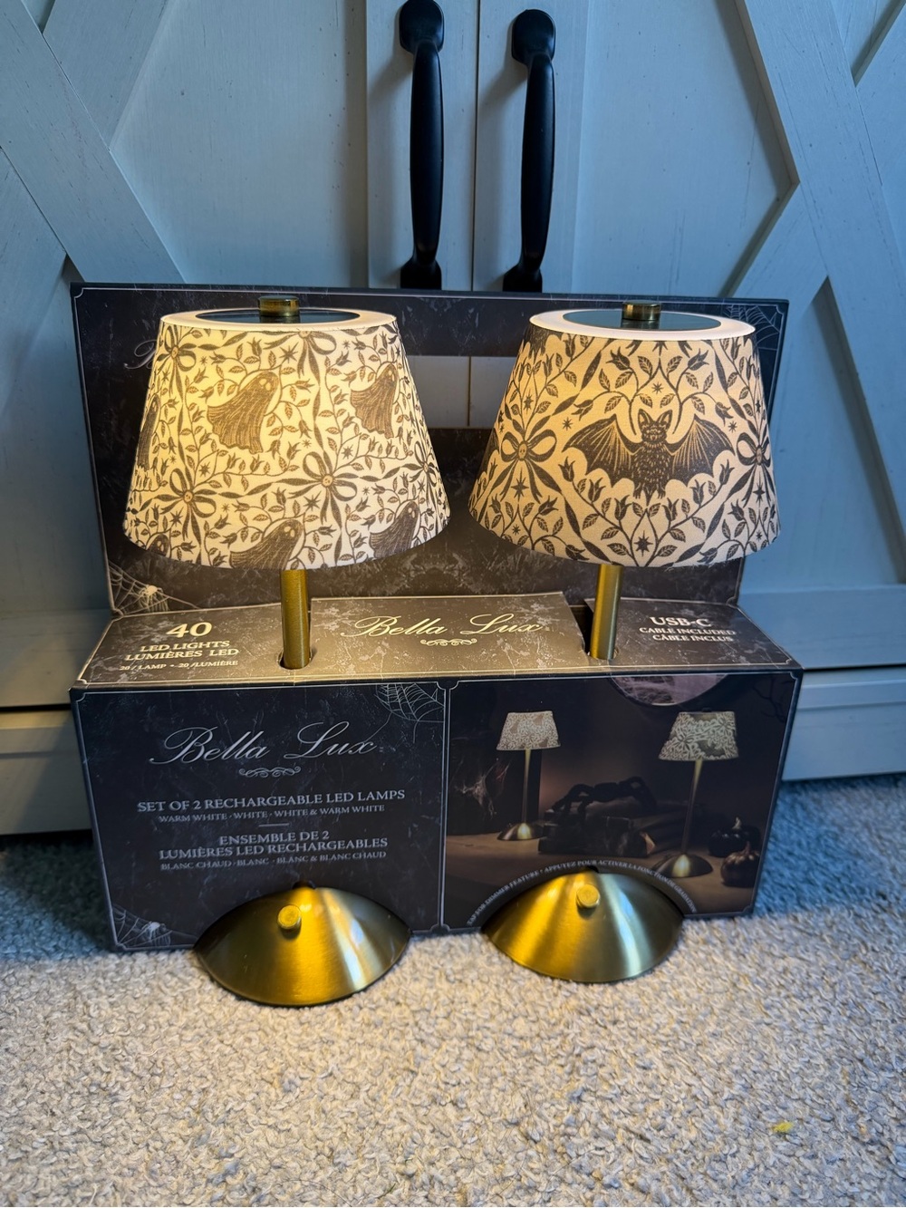 Bella Lux Rechargeable Table Lamps - Black & Cream Bat Ghost Pattern Halloween